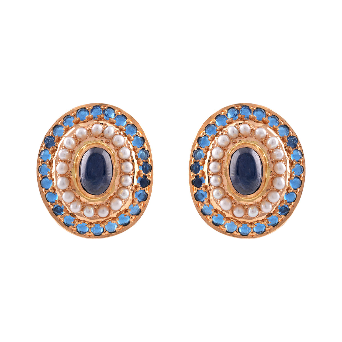 Oval Blue Stone and Pearl Stud Earrings MLJ-34