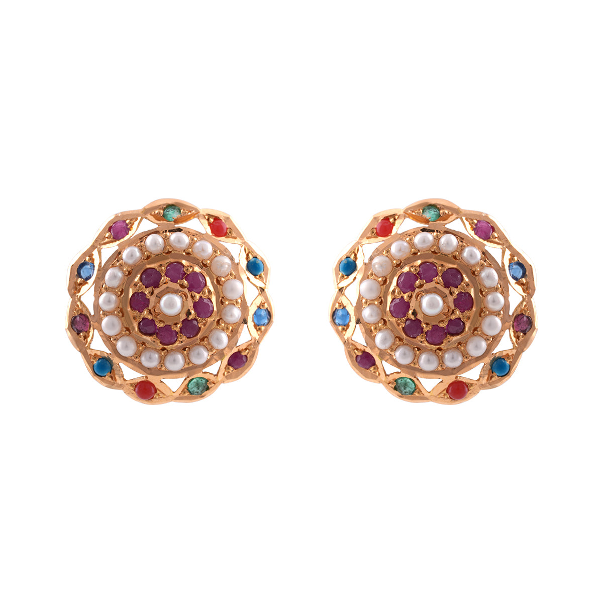 Multicolor Stone and Pearl Floral Stud Earrings MLJ-35