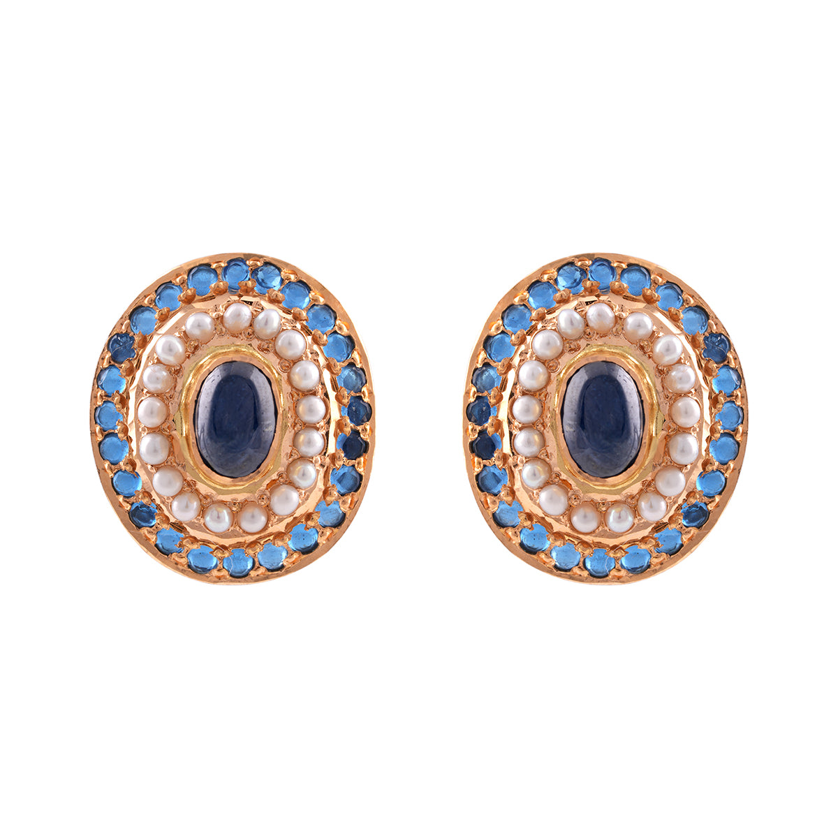 Oval Blue Stone and Pearl Stud Earrings MLJ-34