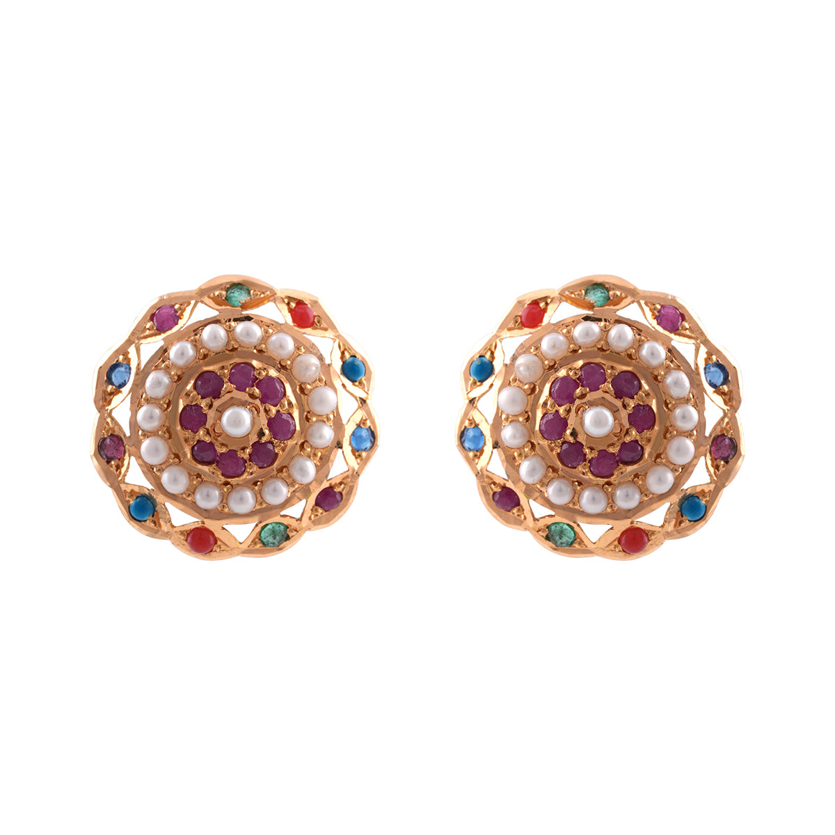 Multicolor Stone and Pearl Floral Stud Earrings MLJ-35