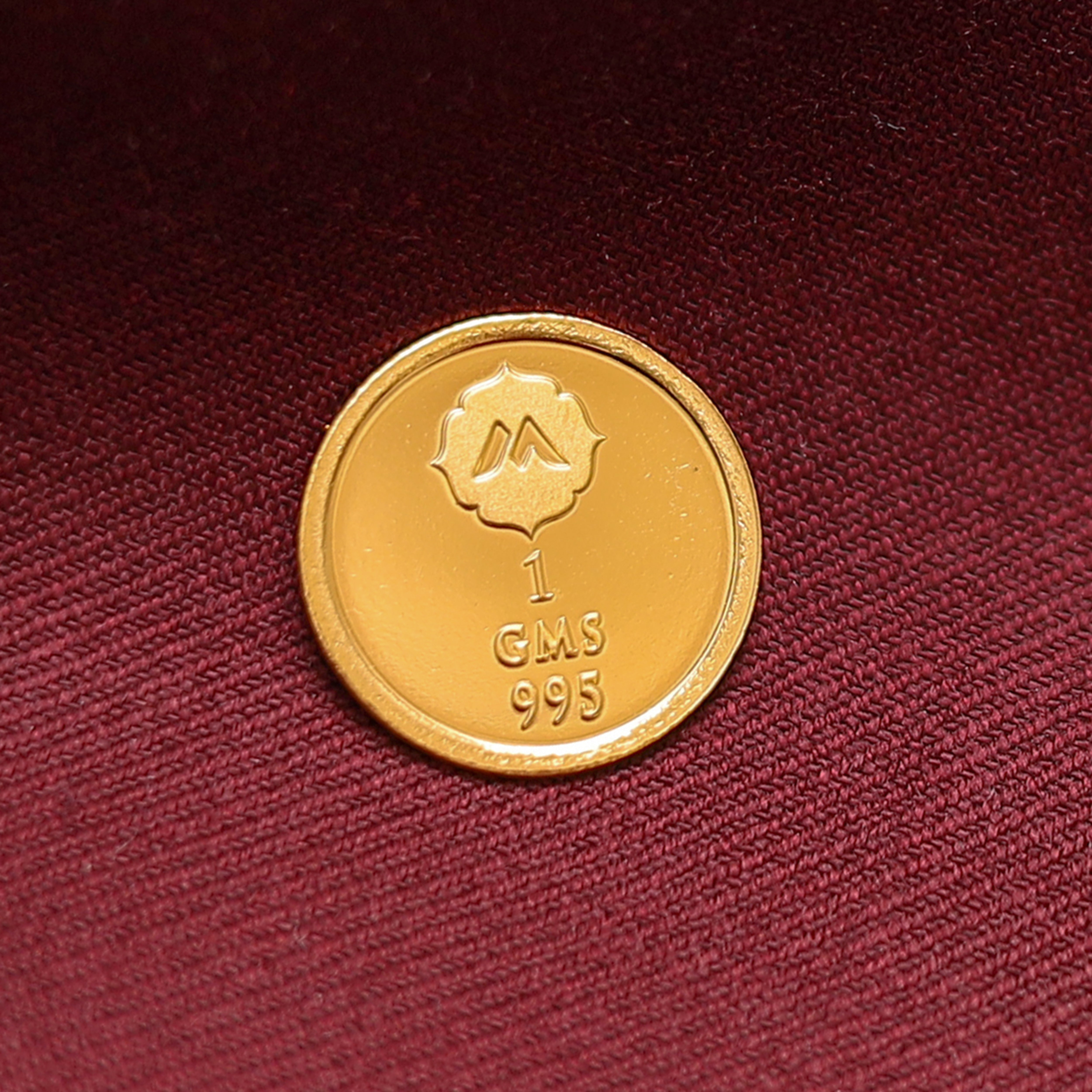 Gold coin with a logo and text on a red fabric background