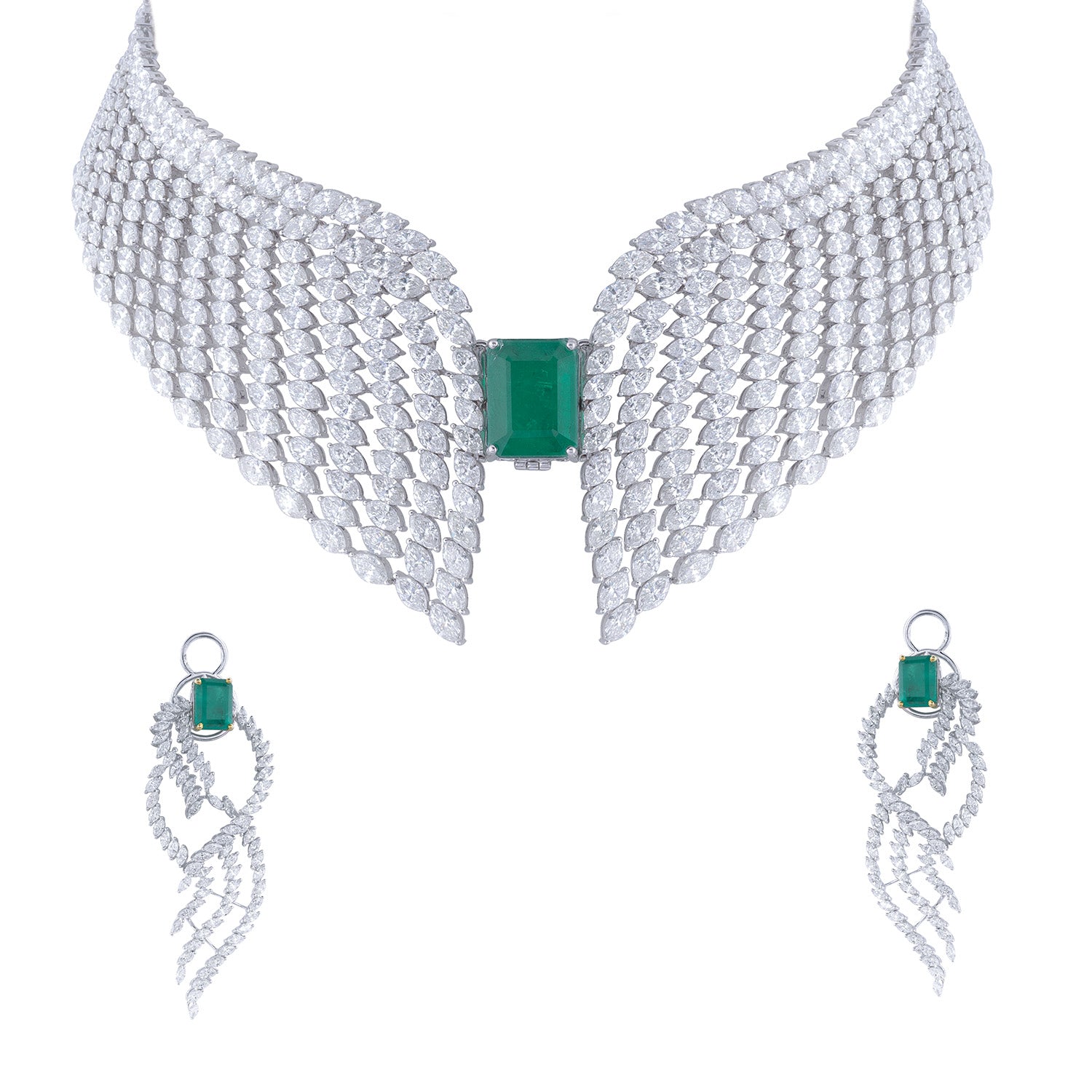 Emerald-Centered Diamond Feather Necklace Set-APP-12